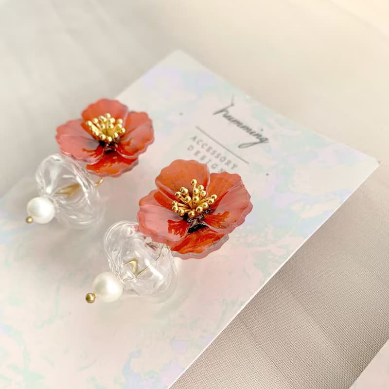 耳環 罌粟花 花 樹脂 銀飾 耳夾 琉璃 禮物 禮盒 手工 情人節