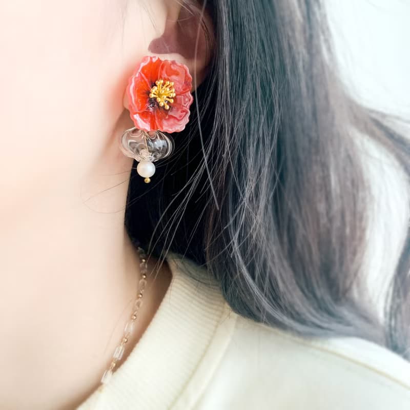 耳環 罌粟花 花 樹脂 銀飾 耳夾 琉璃 禮物 禮盒 手工 情人節