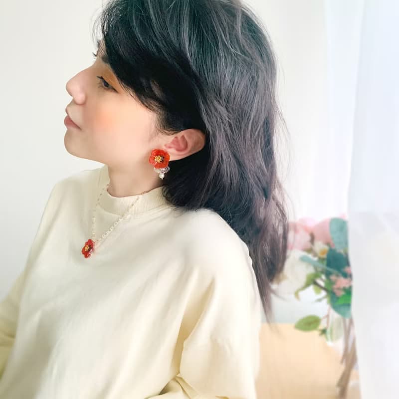 耳環 罌粟花 花 樹脂 銀飾 耳夾 琉璃 禮物 禮盒 手工 情人節