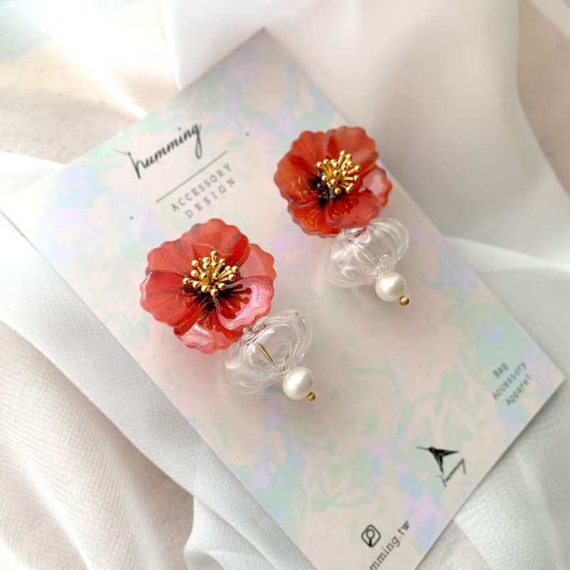 耳環 罌粟花 花 樹脂 銀飾 耳夾 琉璃 禮物 禮盒 手工 情人節