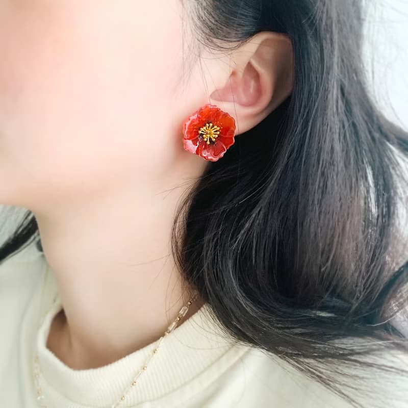 耳環 罌粟花 花 樹脂 銀飾 耳夾 琉璃 禮物 禮盒 手工 情人節