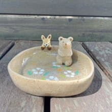 A Lu 小狐狸及小熊陶盤/禮物 手作手繪 美國陶土 原創僅此一件