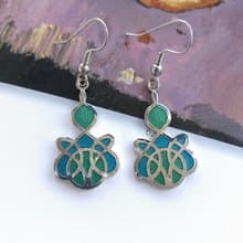 Vintage Jewelry 西洋古董飾品 景泰藍 藍綠 流紋 耳勾 針式耳環