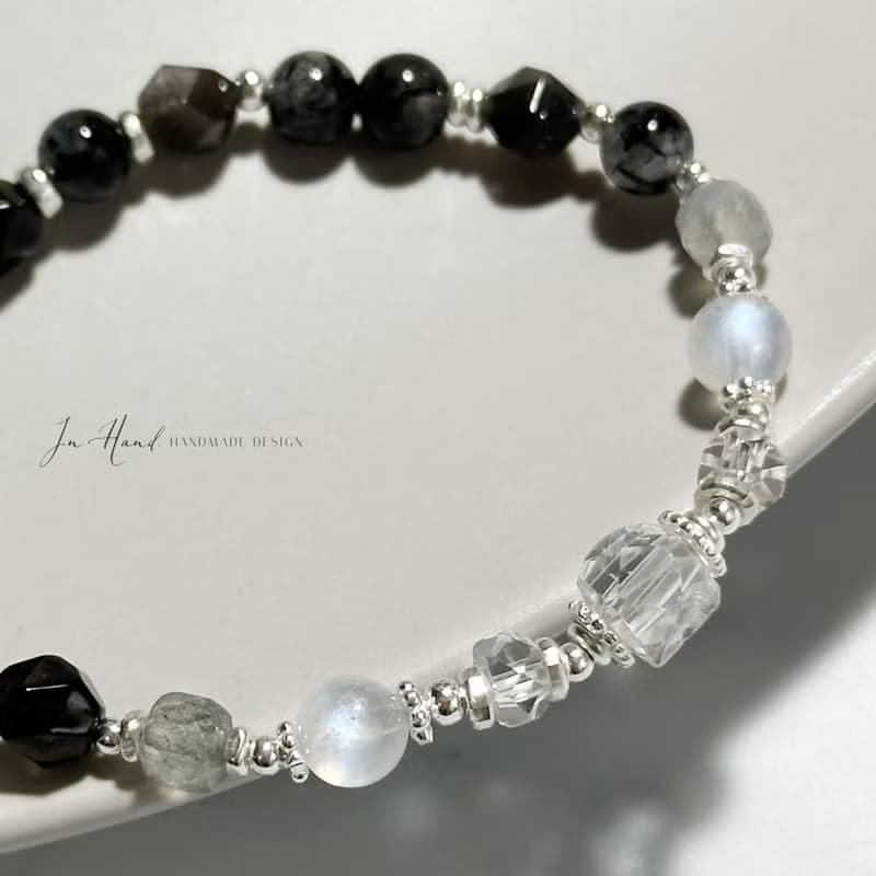 黑白優雅-黑髮晶.黑曜岩.月光石-純銀設計款手鍊