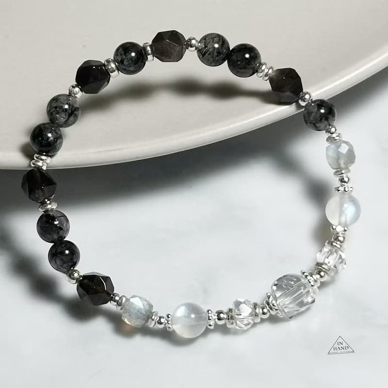 黑白優雅-黑髮晶.黑曜岩.月光石-純銀設計款手鍊