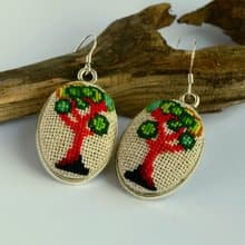 綠樹刺繡耳環十字繡自然面料首飾手工植物女士禮物