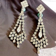 vintage jewelry 華麗晚宴風垂墜萊茵鑽 夾式耳環