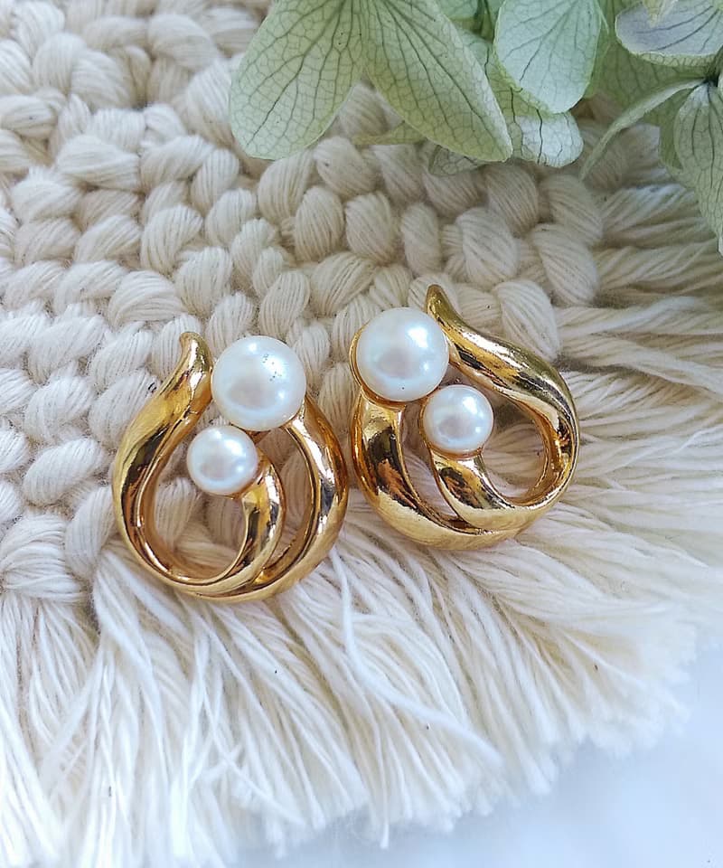 Vintage Jewelry 西洋古董飾品 AVON 優雅 對稱雙珠  針式耳環