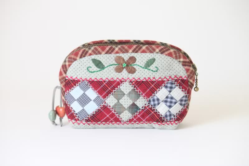 Quilted Cosmetic Bag Made In Japanese Patchwork Style. Zipped Small Organizer.