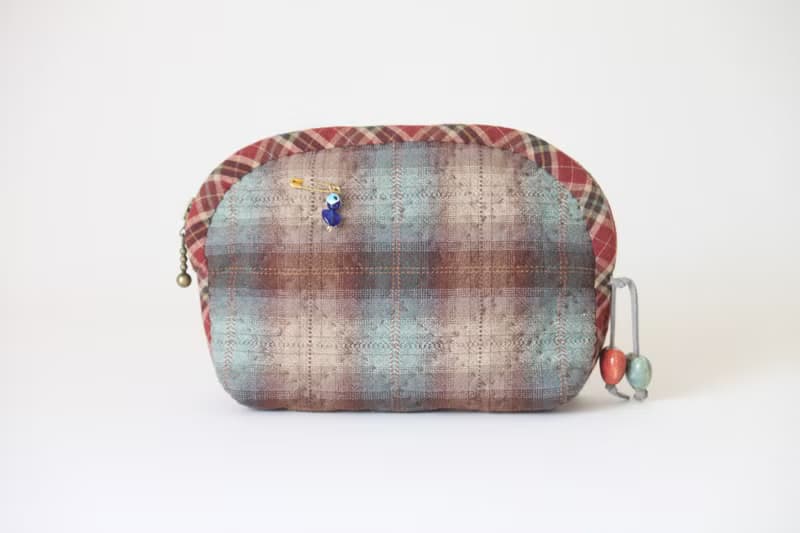 Quilted Cosmetic Bag Made In Japanese Patchwork Style. Zipped Small Organizer.