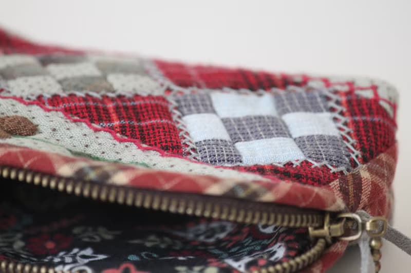 Quilted Cosmetic Bag Made In Japanese Patchwork Style. Zipped Small Organizer.