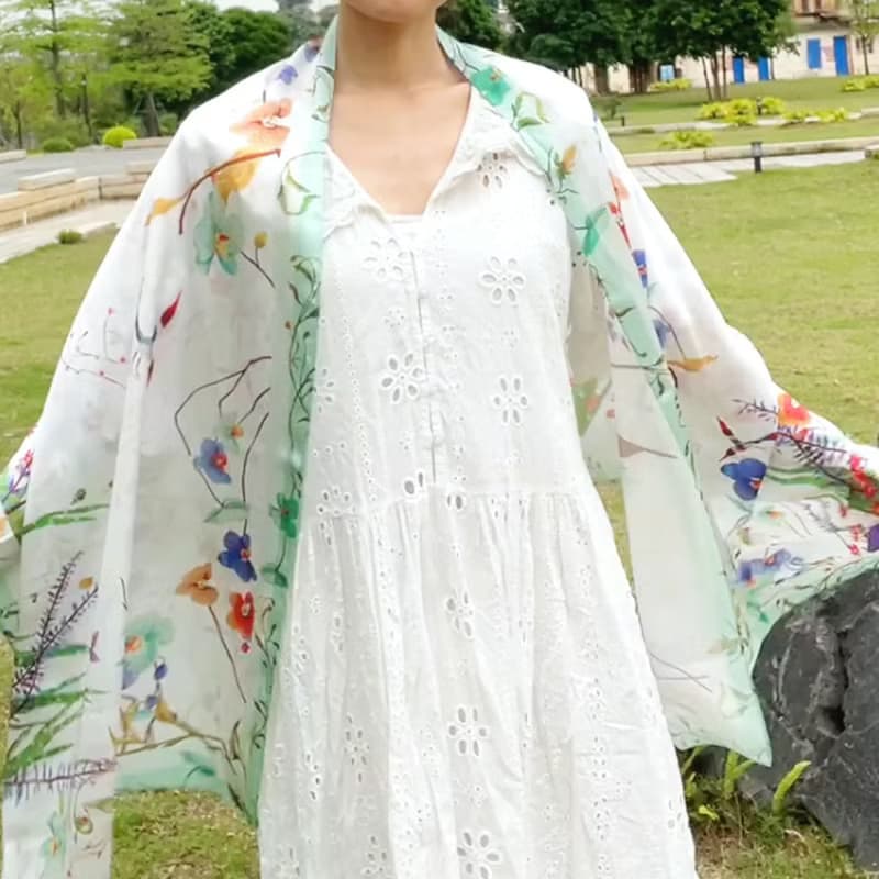 【蘭花圍巾】清雅蘭花長款絲巾配絲巾扣高貴禮盒 | 披肩