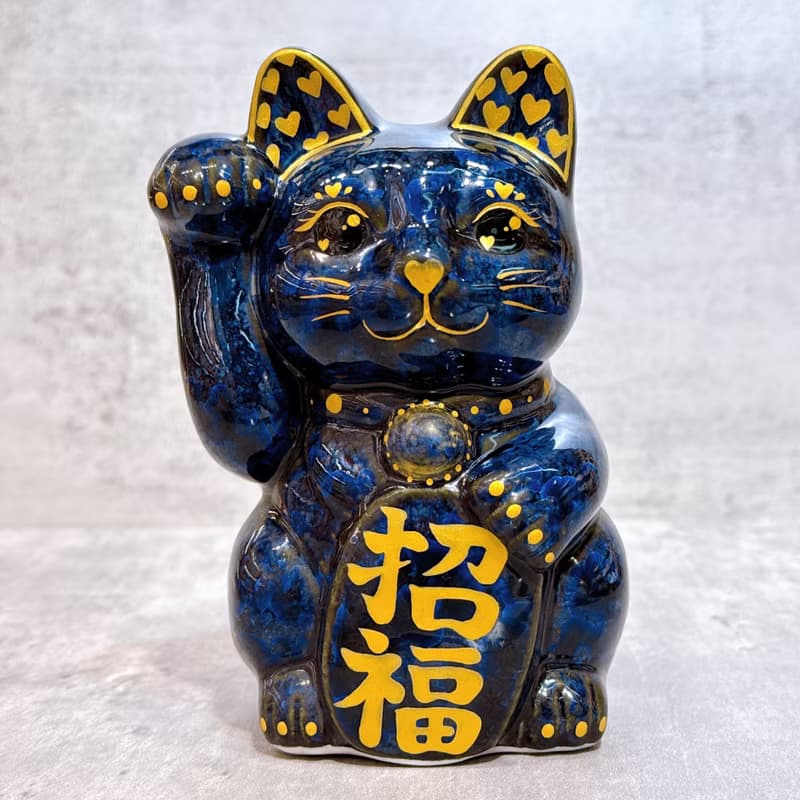 【福心綻光】日本清水燒招財貓 | 青墨 - 金彩心 招福