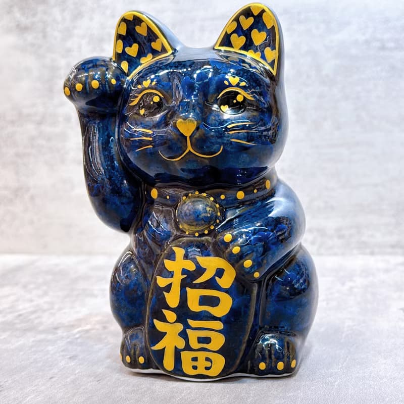 【福心綻光】日本清水燒招財貓 | 青墨 - 金彩心 招福
