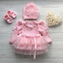 Pink clothing set for baby girl. Hand knit dress, hat, booties for baby.