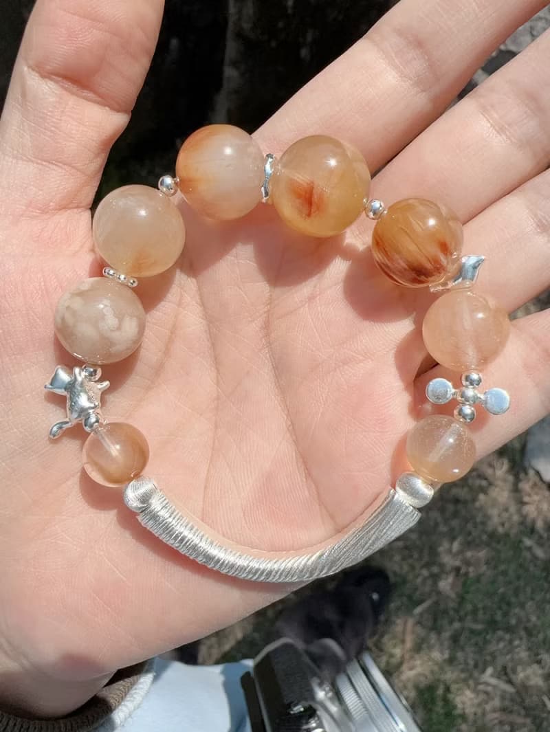 一隻小黃貓 黃兔毛水晶純銀鏈條手鐲