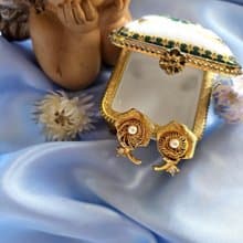 啞光花瓣纏繞金絲珍珠萊茵夾式耳環/vintage美國西洋古董飾品