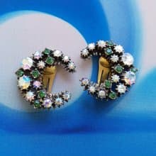 Vintage Jewelry 西洋古董飾品 FLORENZA 璀璨萊茵月型 夾式耳環