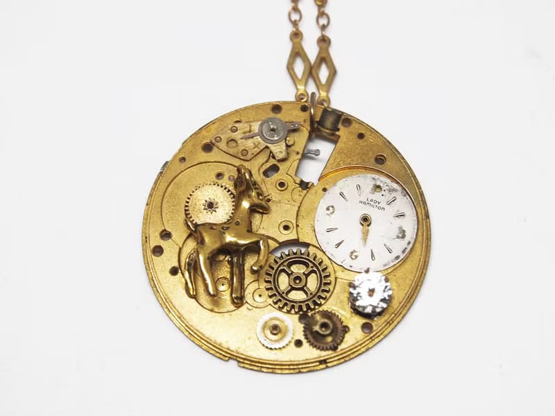 1950年代 鋯石齒輪拼貼懷錶項鍊 deer