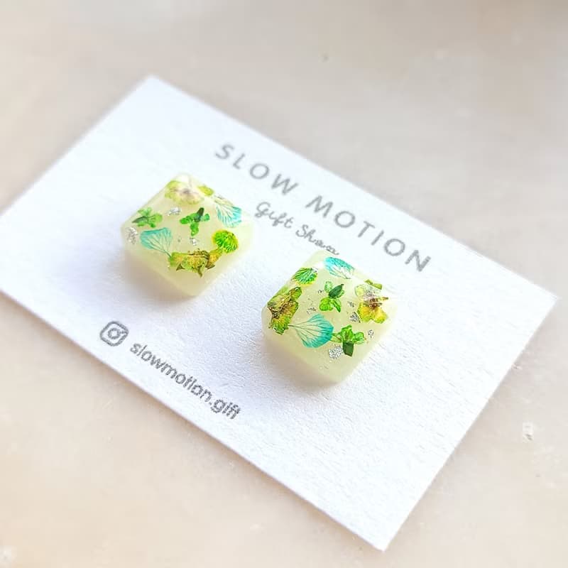 乾燥花方形小耳環/耳夾 抗過敏醫療鋼