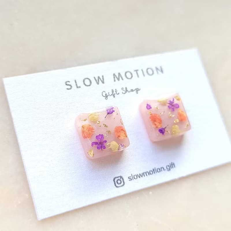 乾燥花方形小耳環/耳夾 抗過敏醫療鋼