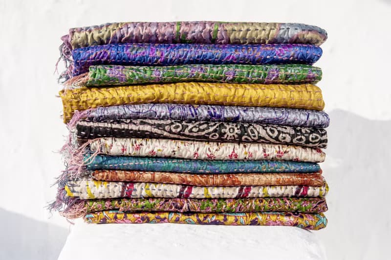 手工縫紗麗布絲巾/絲綢刺繡圍巾/印度絲綢刺繡絲巾-幾何藍色海洋