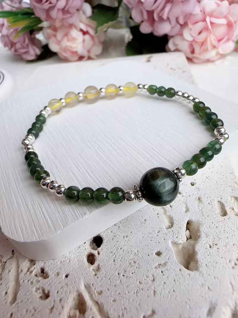 心忱-綠髮晶 鈦晶 綠磷灰 純銀手鍊