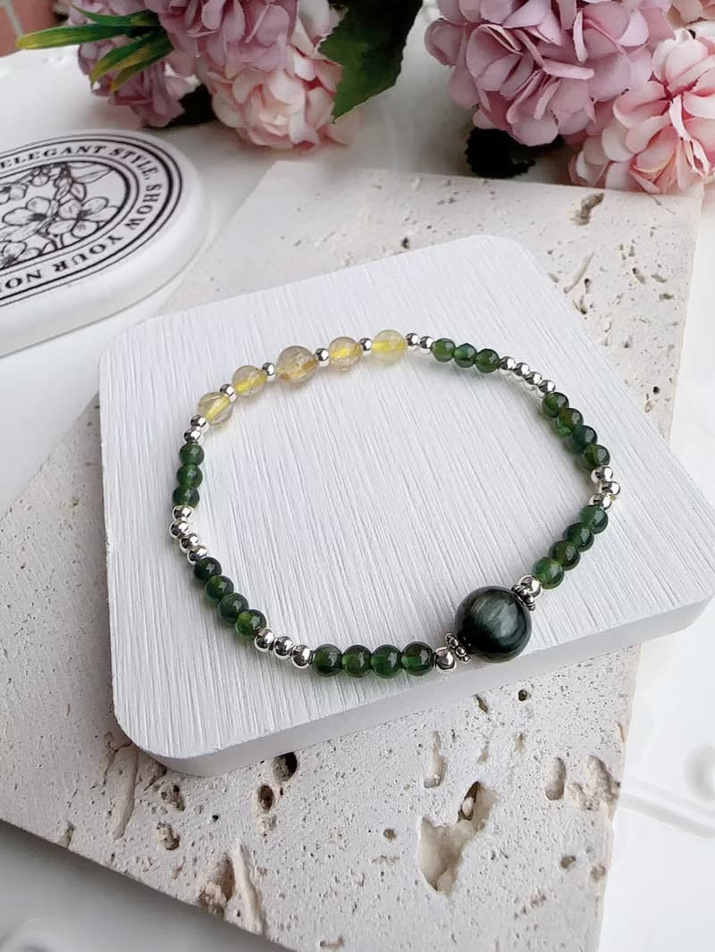 心忱-綠髮晶 鈦晶 綠磷灰 純銀手鍊