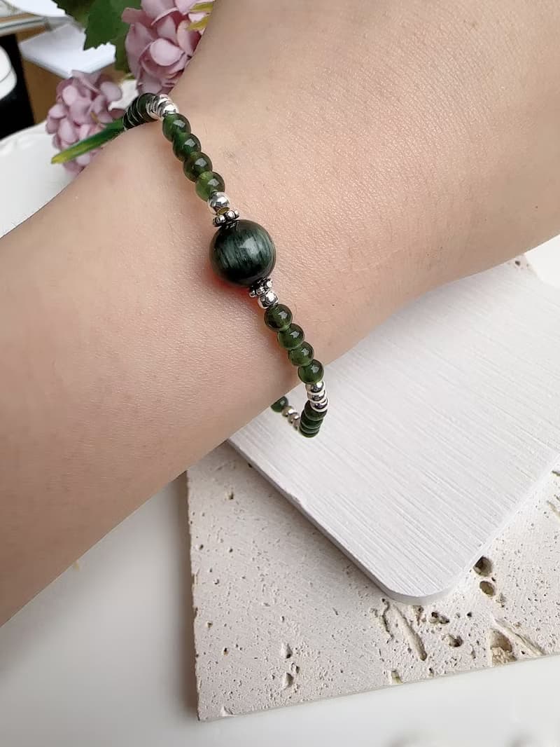 心忱-綠髮晶 鈦晶 綠磷灰 純銀手鍊