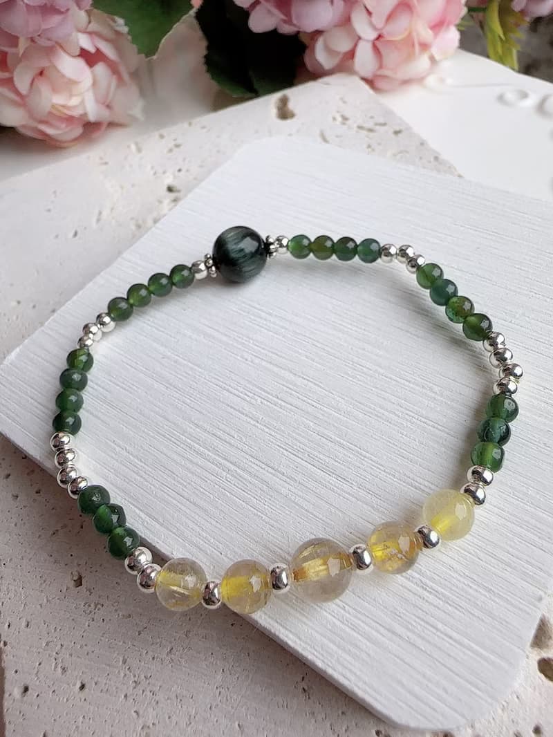 心忱-綠髮晶 鈦晶 綠磷灰 純銀手鍊