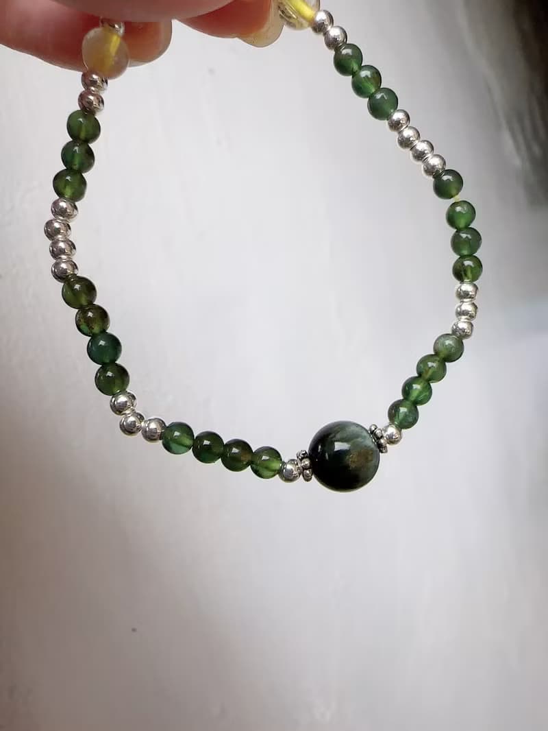 心忱-綠髮晶 鈦晶 綠磷灰 純銀手鍊