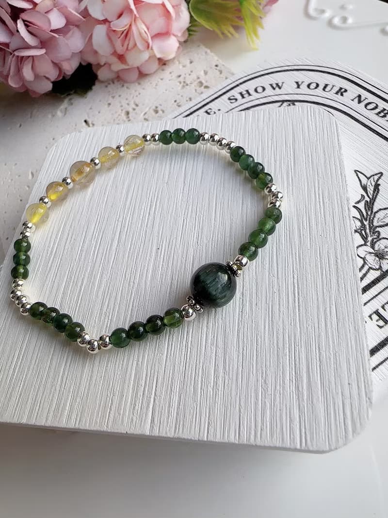 心忱-綠髮晶 鈦晶 綠磷灰 純銀手鍊