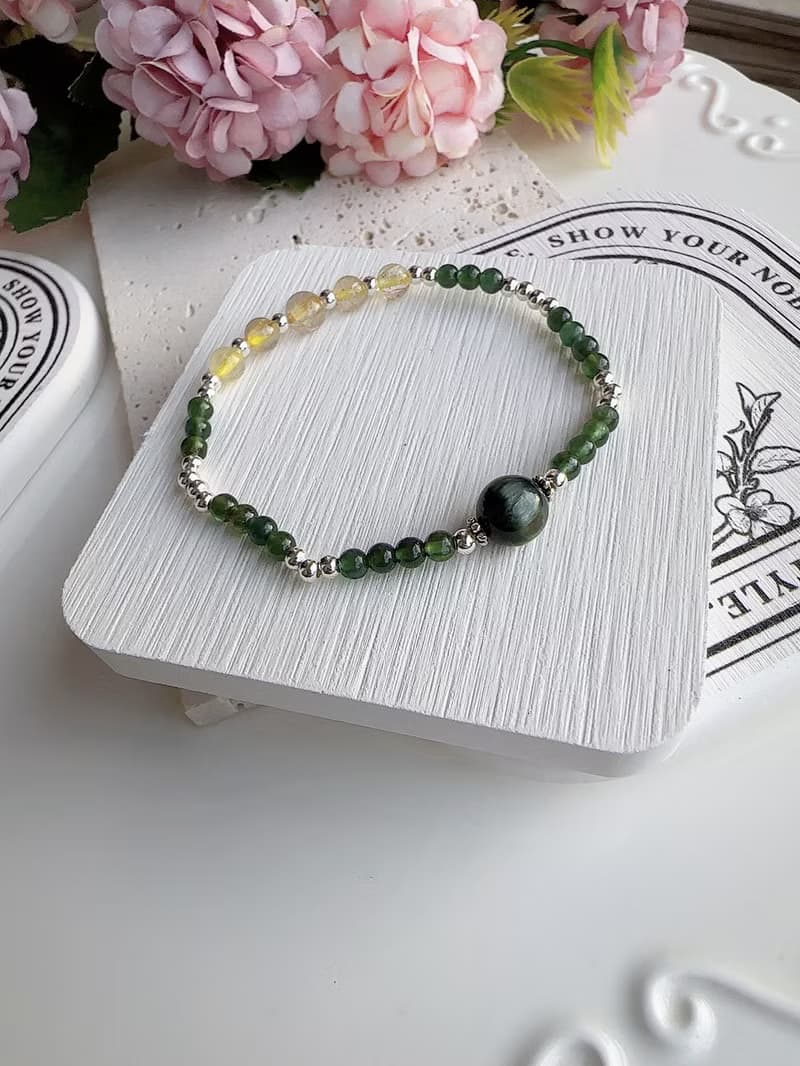 心忱-綠髮晶 鈦晶 綠磷灰 純銀手鍊