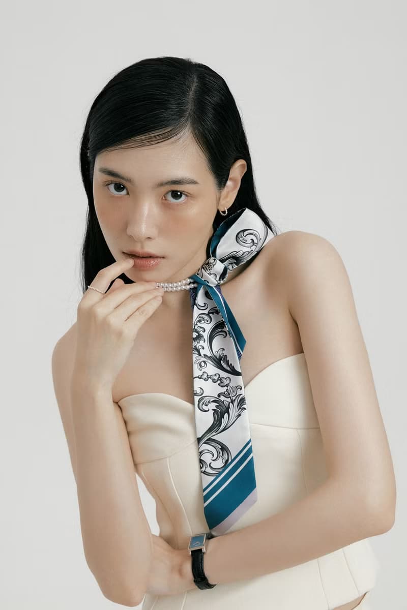 【Ven & Qu】巴洛克青綠絲巾 6×110cm – 優雅設計印花