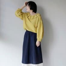 銀杏黃砂洗亞麻 花瓣領小泡泡袖上衣