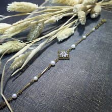 VIIART。花路。珍珠鋯石黃銅手鍊|復古VINTAGE中秋月光花磚手環