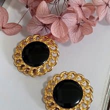 vintage jewelry  典雅華麗黑琺瑯金結環 夾式耳環