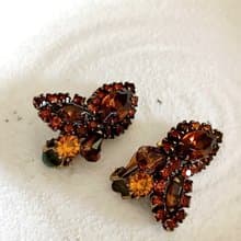 vintage jewelry 古董琥珀色萊茵鑽花卉 夾式耳環