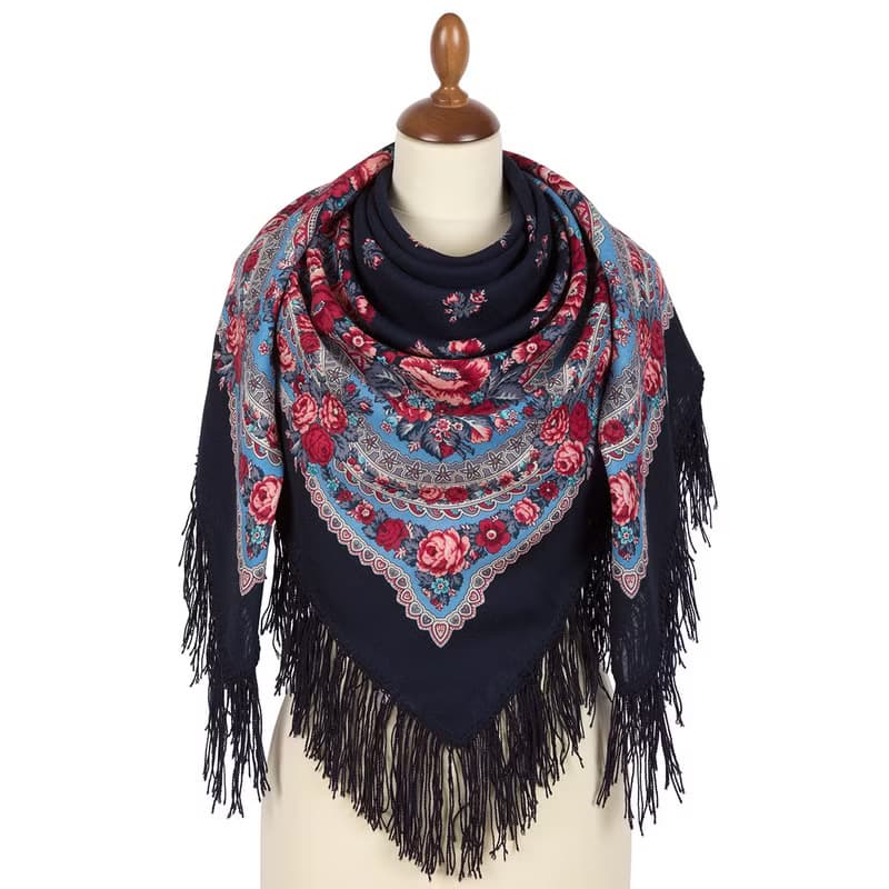 Pavlovo Posad Russian Shawl 100% Wool Scarf 125x125 cm Woolen Fringe 1901-14
