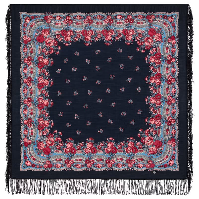 Pavlovo Posad Russian Shawl 100% Wool Scarf 125x125 cm Woolen Fringe 1901-14