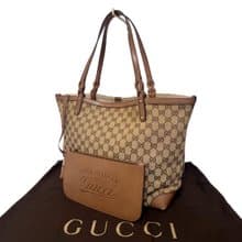 本物 GUCCI グッチ トートバッグ ポーチ GGキャンバス レザー ベージュ ブラウン 247209 中古