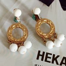 vintage jewelry 典雅金環垂墜白色串珠 夾式耳環