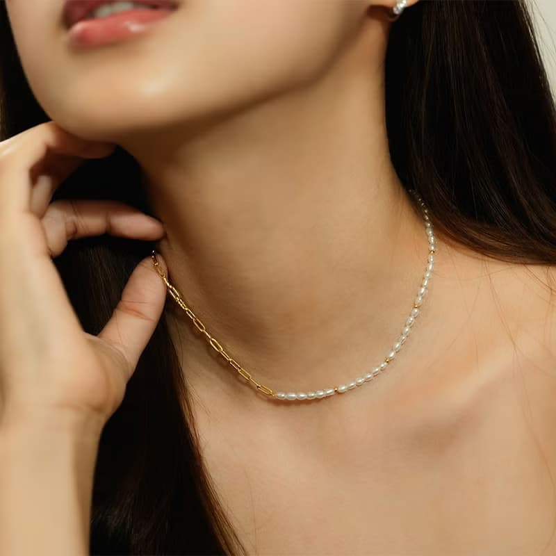 Align對映 天然淡水珍珠鎖骨鍊 316L醫療鋼鍍18k金