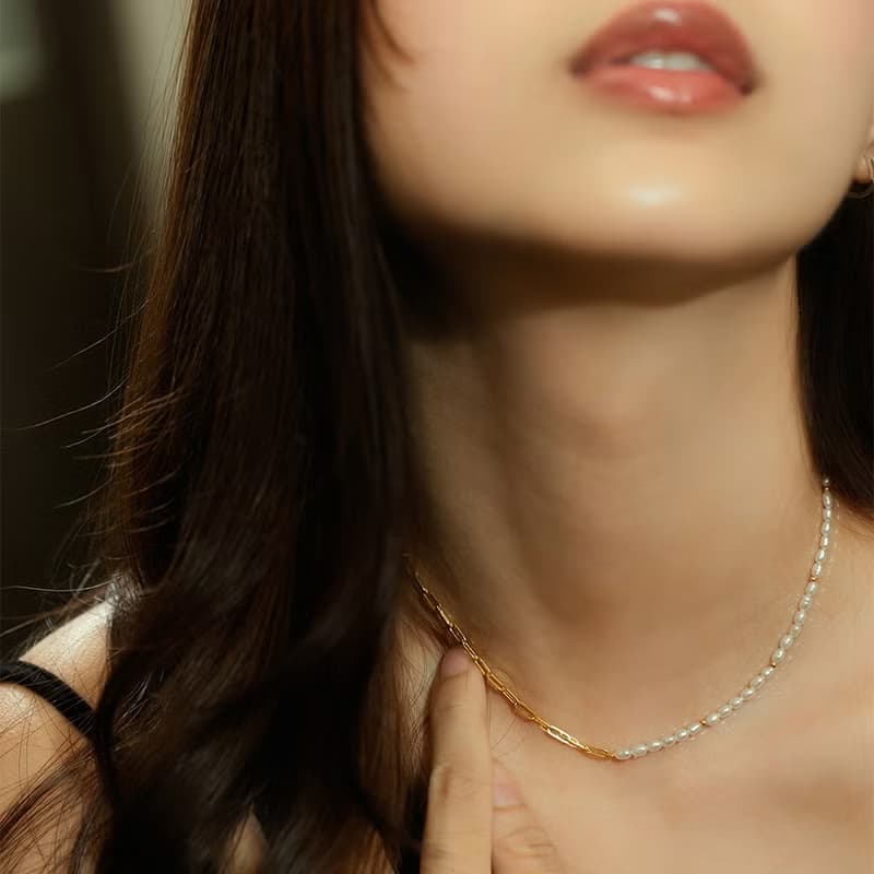 Align對映 天然淡水珍珠鎖骨鍊 316L醫療鋼鍍18k金