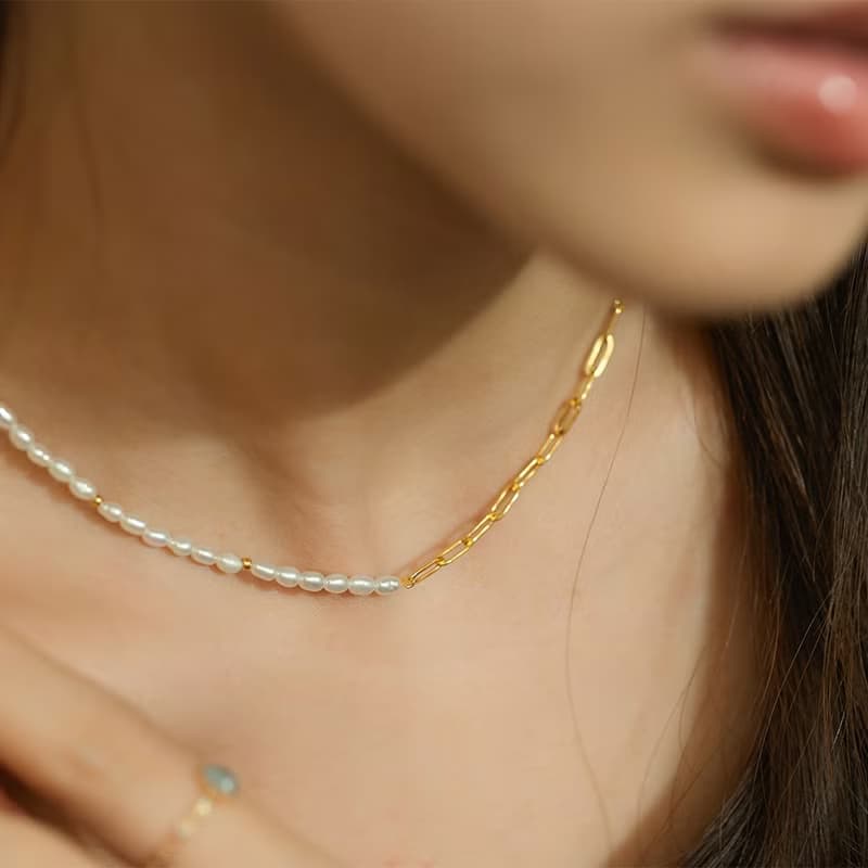 Align對映 天然淡水珍珠鎖骨鍊 316L醫療鋼鍍18k金