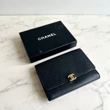 稀有中古二手Chanel黑色皮革金扣中夾 短夾 皮夾 銀包古董包 錢包