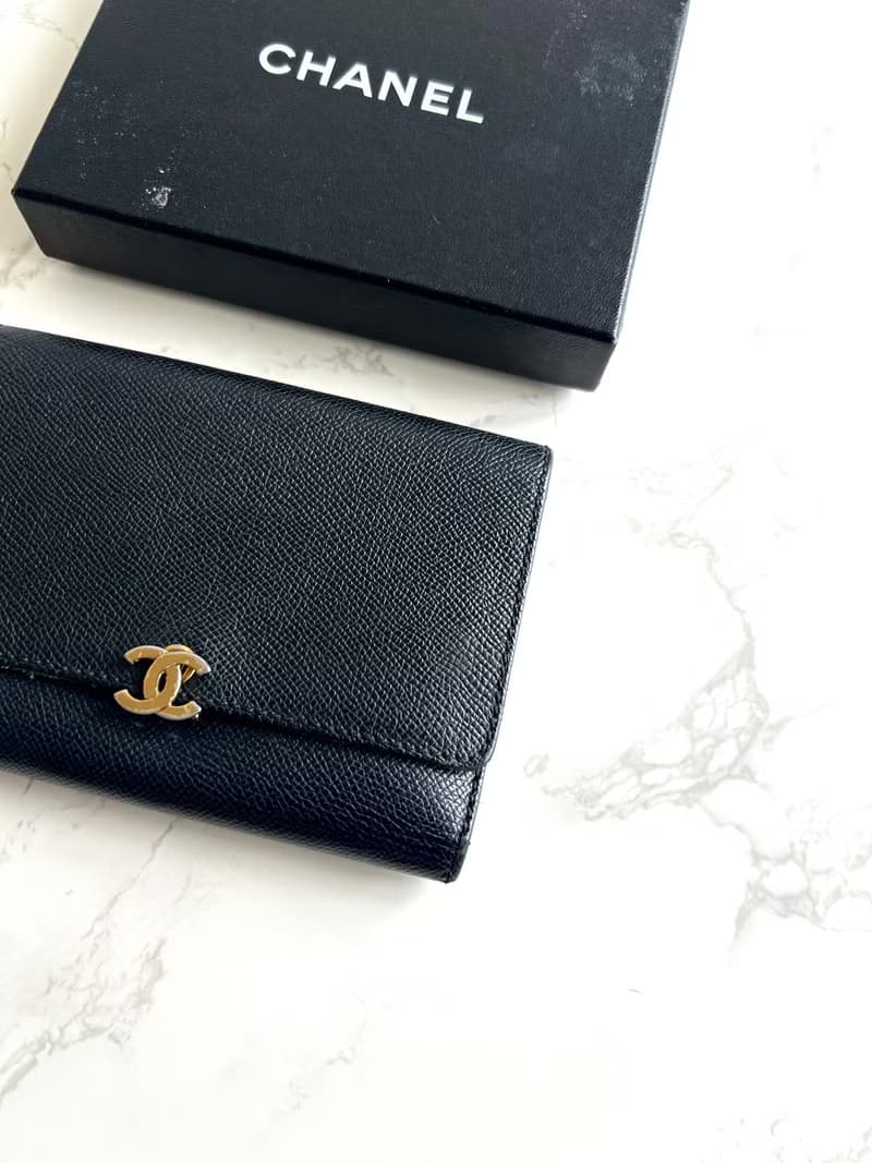 稀有中古二手Chanel黑色皮革金扣中夾 短夾 皮夾 銀包古董包 錢包