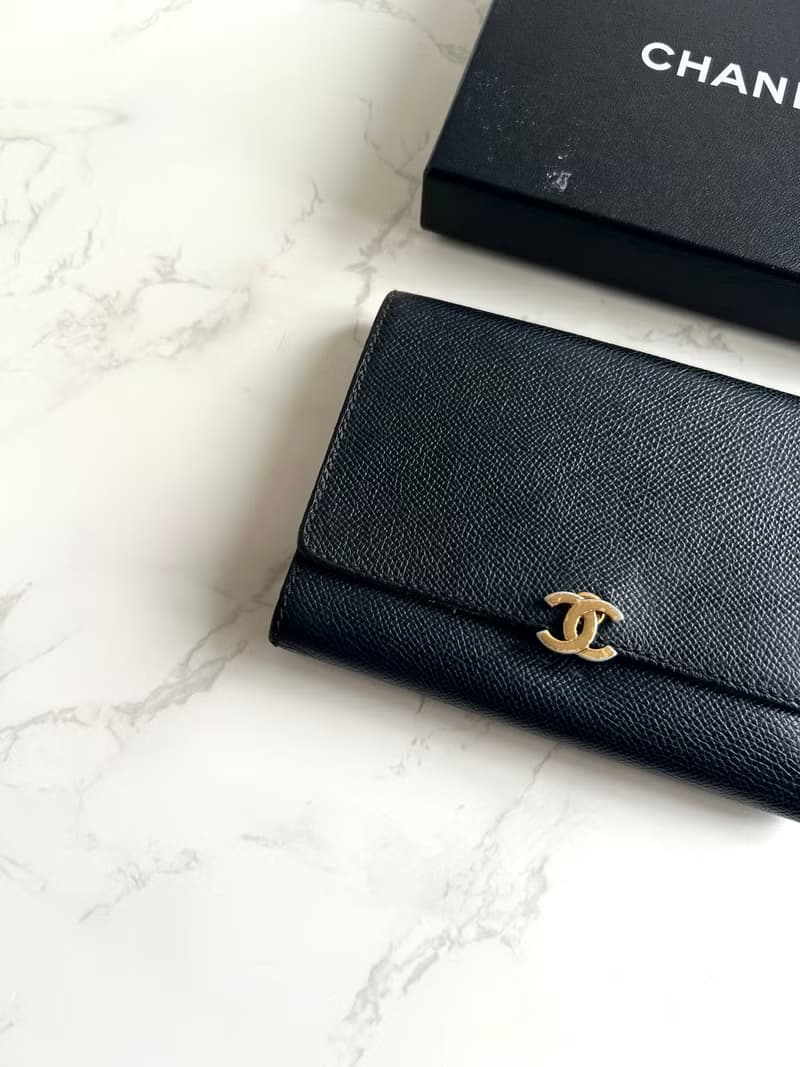 稀有中古二手Chanel黑色皮革金扣中夾 短夾 皮夾 銀包古董包 錢包