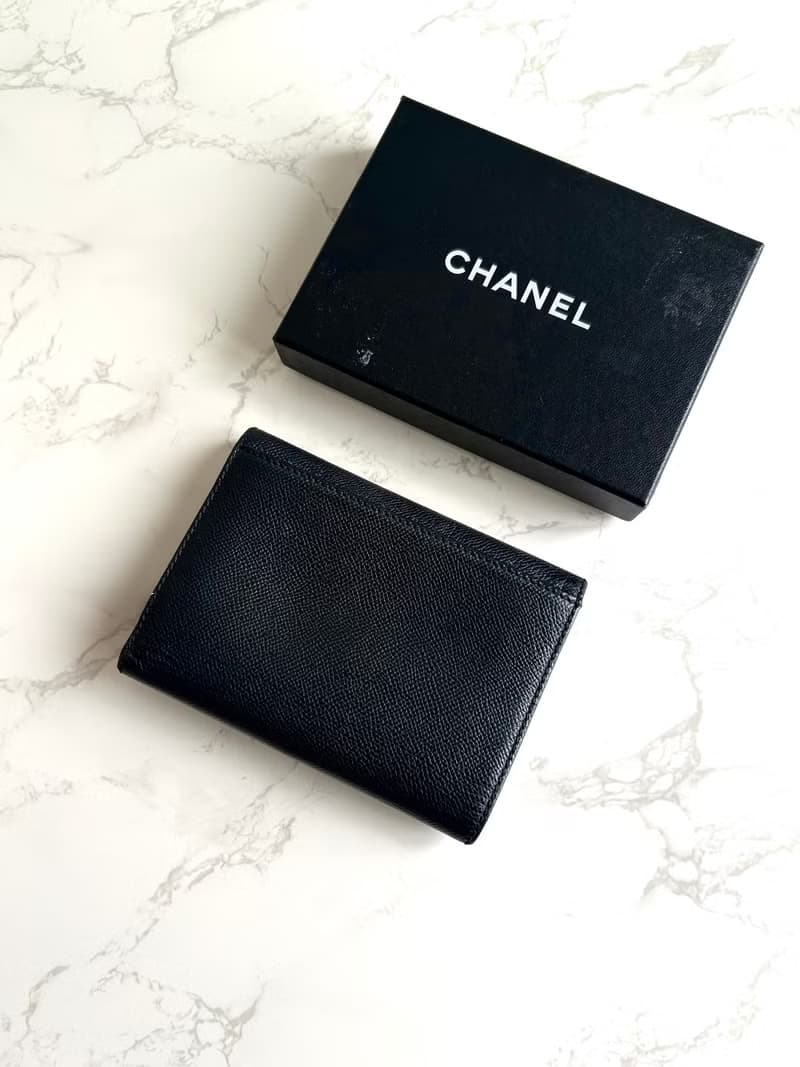 稀有中古二手Chanel黑色皮革金扣中夾 短夾 皮夾 銀包古董包 錢包