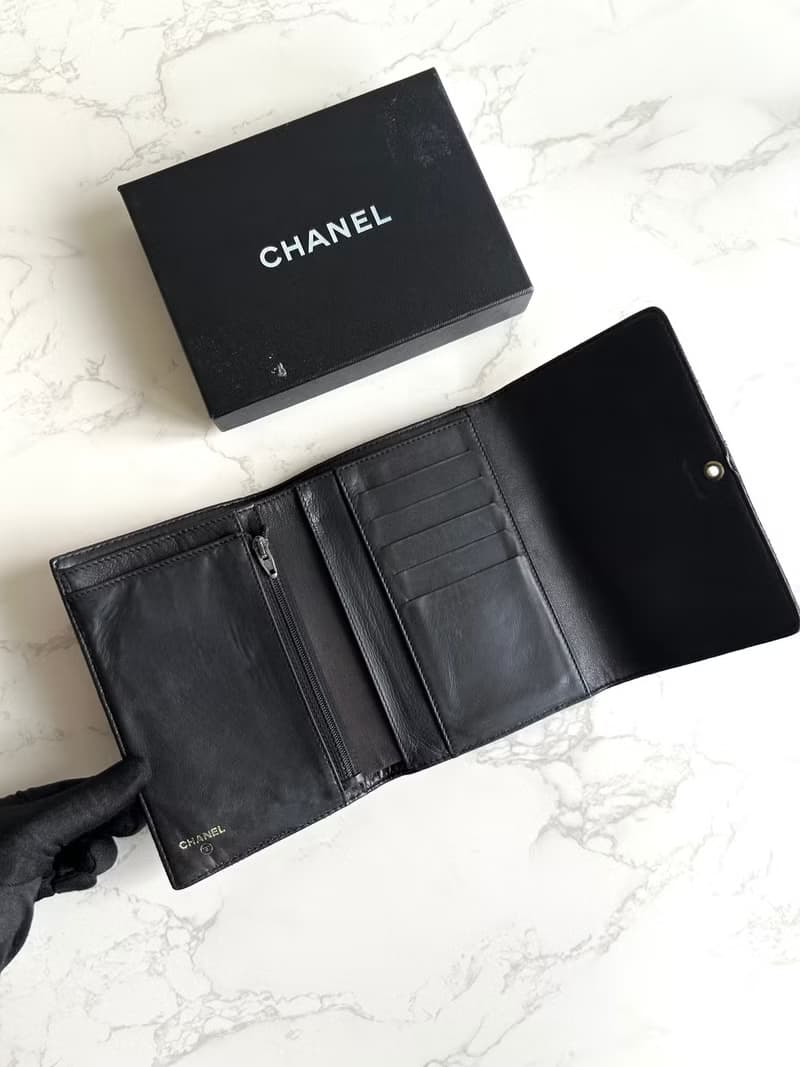 稀有中古二手Chanel黑色皮革金扣中夾 短夾 皮夾 銀包古董包 錢包